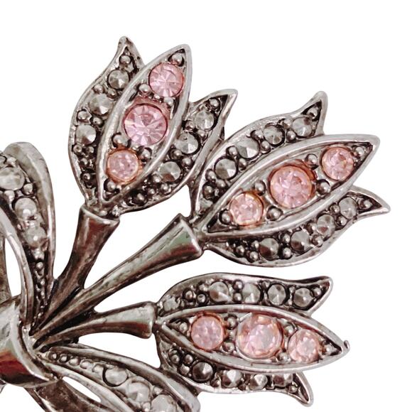 VTG Signed Avon Tulip Brooch Earrings Set Pink Rhinestone Silver Tone Marcasite - Picture 4 of 13